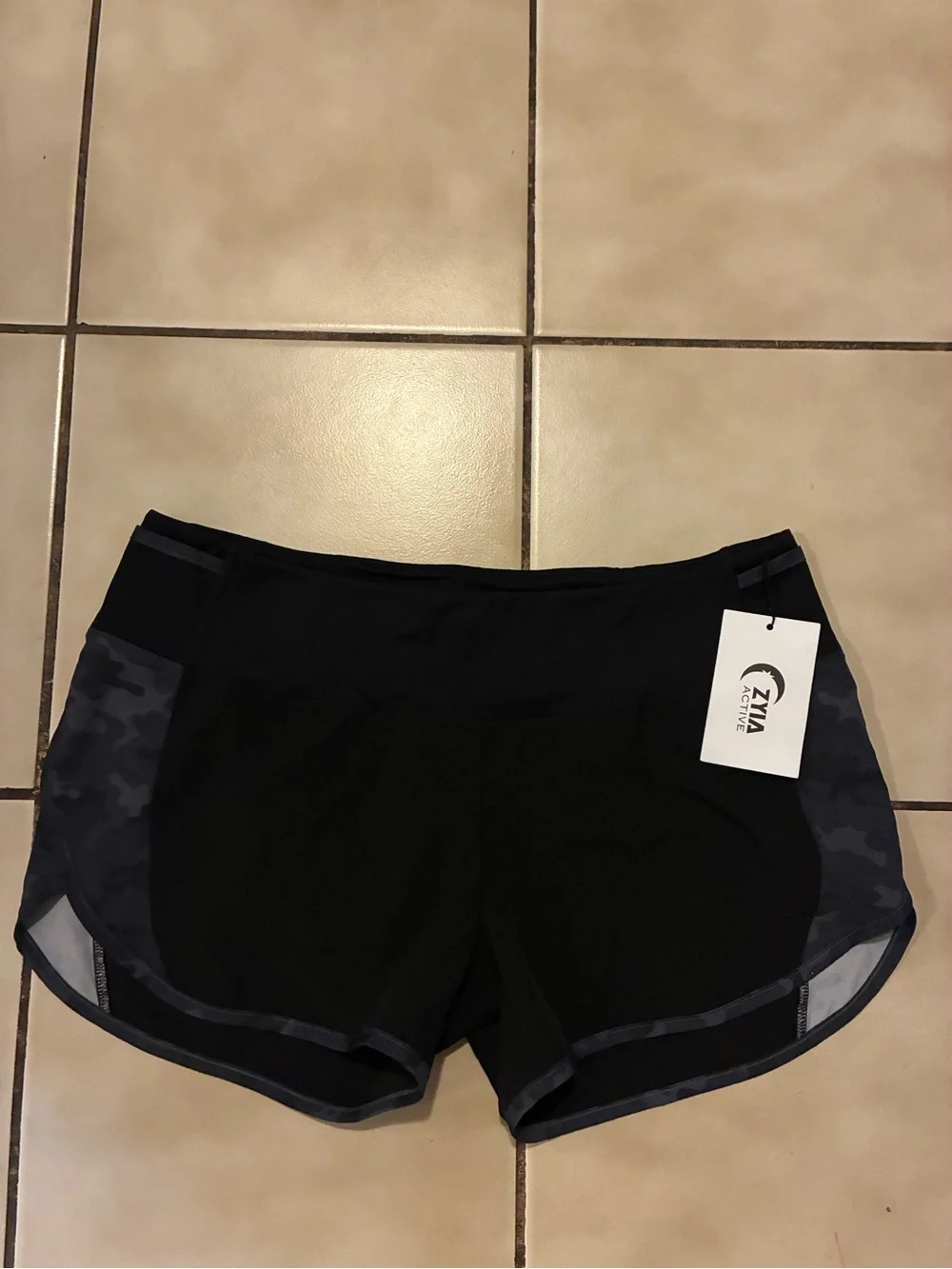 ZYIA Black Athletic Shorts with Dark Gray Camo Panels